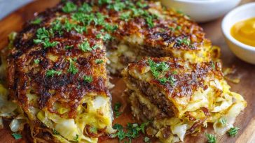 Easy crispy cabbage burger bake with layers of seasoned ground beef, shredded cabbage, melted cheese, and golden crispy topping baked in a casserole dish.
