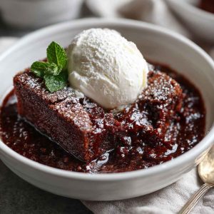 Ina Garten’s chocolate brownie pudding baked in a dish, with a gooey center and crisp top, dusted with powdered sugar and served with vanilla ice cream.