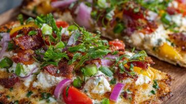 Cottage cheese flatbread pizza topped with melted cheese, tomato sauce, and fresh basil.