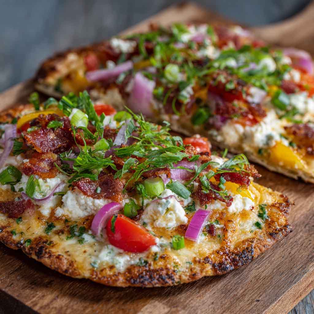 Cottage cheese flatbread pizza topped with melted cheese, tomato sauce, and fresh basil.