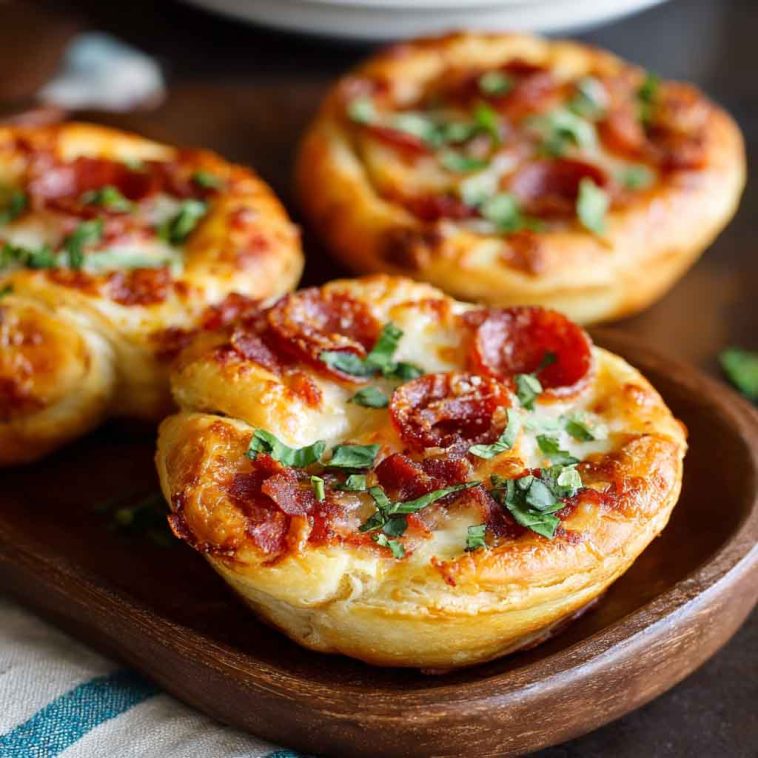Mini deep dish crescent roll pizzas baked in muffin tins, filled with marinara sauce, melted mozzarella, and pepperoni, served hot and golden brown.