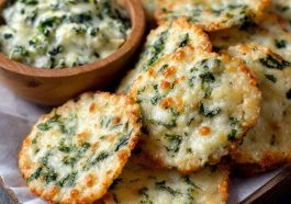 Spinach dip cheese crisps baked until golden and crunchy, topped with melted cheese and spinach, served on a tray as bite-sized appetizers.