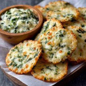 Spinach dip cheese crisps baked until golden and crunchy, topped with melted cheese and spinach, served on a tray as bite-sized appetizers.