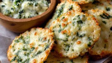 Spinach dip cheese crisps baked until golden and crunchy, topped with melted cheese and spinach, served on a tray as bite-sized appetizers.