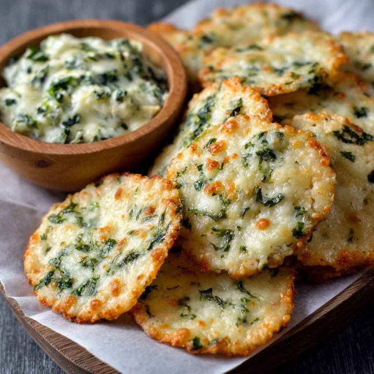 Spinach dip cheese crisps baked until golden and crunchy, topped with melted cheese and spinach, served on a tray as bite-sized appetizers.