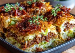 Easy crispy cabbage burger bake in a casserole dish, layered with seasoned ground beef, shredded cabbage, melted cheese, and savory spices baked golden brown.