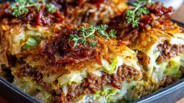 Easy crispy cabbage burger bake in a casserole dish, layered with seasoned ground beef, shredded cabbage, melted cheese, and savory spices baked golden brown.