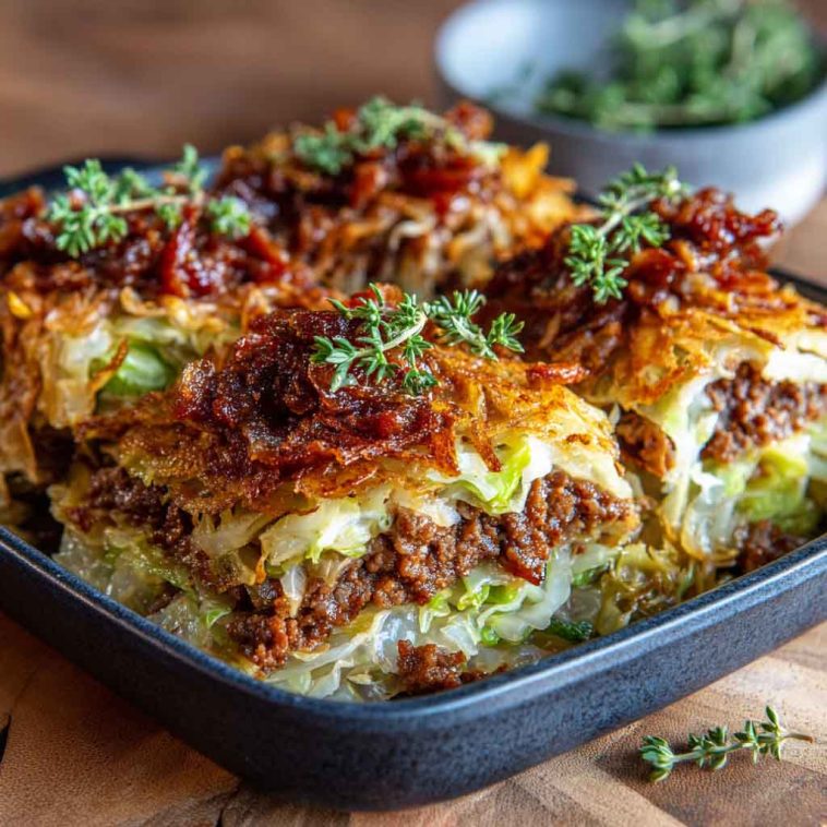 Easy crispy cabbage burger bake in a casserole dish, layered with seasoned ground beef, shredded cabbage, melted cheese, and savory spices baked golden brown.