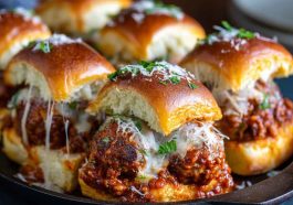 Cheesy pull-apart meatball sliders baked on soft Hawaiian rolls with marinara and melted mozzarella