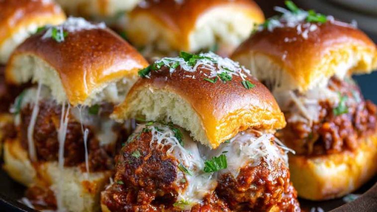 Cheesy pull-apart meatball sliders baked on soft Hawaiian rolls with marinara and melted mozzarella