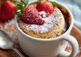 Vanilla coconut cottage cheese mug cake baked in a mug, fluffy and moist with shredded coconut, creamy cottage cheese, and vanilla flavor, topped with a sprinkle of coconut flakes.