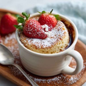 Vanilla coconut cottage cheese mug cake baked in a mug, fluffy and moist with shredded coconut, creamy cottage cheese, and vanilla flavor, topped with a sprinkle of coconut flakes.