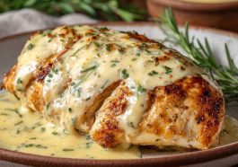 Golden pan-seared chicken breasts topped with creamy melted cheese sauce, served on a plate with fresh herbs and roasted vegetables.