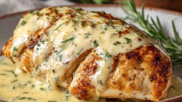 Golden pan-seared chicken breasts topped with creamy melted cheese sauce, served on a plate with fresh herbs and roasted vegetables.