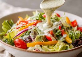 Best ever creamy Italian salad dressing in a glass jar, made with mayonnaise, olive oil, vinegar, garlic, herbs, and Parmesan cheese, served alongside a fresh green salad.