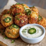 Cheesy jalapeño ranch chicken poppers served with a creamy dipping sauce on a platter.