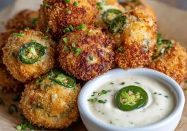Cheesy jalapeño ranch chicken poppers served with a creamy dipping sauce on a platter.