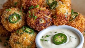 Cheesy jalapeño ranch chicken poppers served with a creamy dipping sauce on a platter.