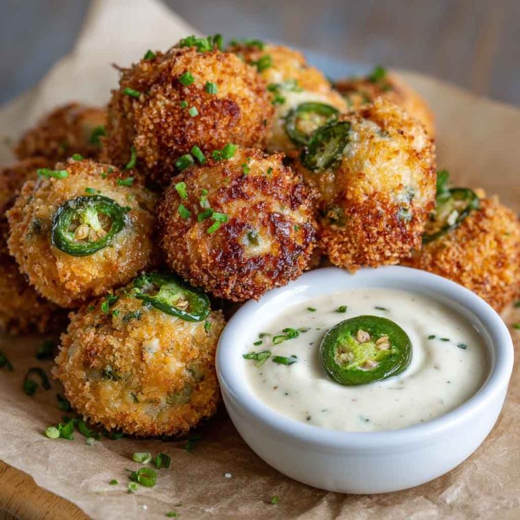 Cheesy jalapeño ranch chicken poppers served with a creamy dipping sauce on a platter.