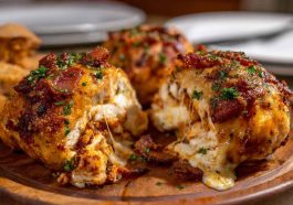 Tasty buffalo chicken bacon mozzarella bombs baked golden brown, stuffed with spicy buffalo chicken, gooey mozzarella cheese, and wrapped in crispy bacon, served on a platter with dipping sauce.