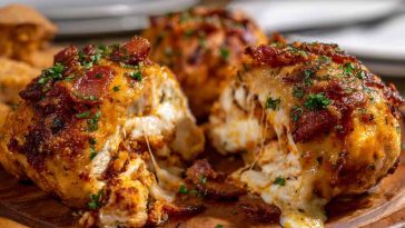 Tasty buffalo chicken bacon mozzarella bombs baked golden brown, stuffed with spicy buffalo chicken, gooey mozzarella cheese, and wrapped in crispy bacon, served on a platter with dipping sauce.