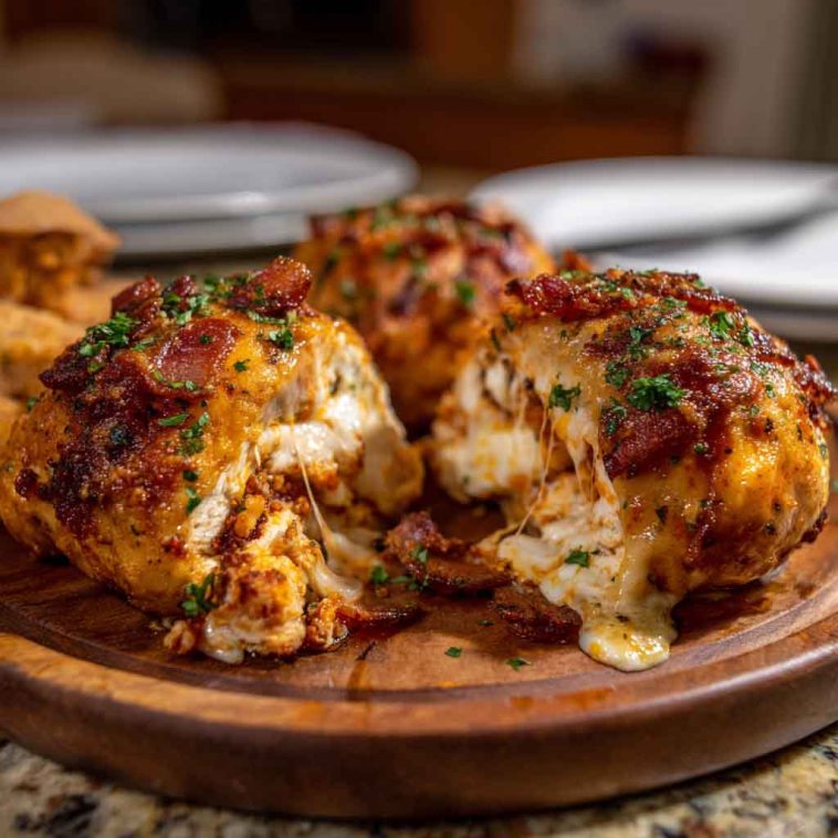 Tasty buffalo chicken bacon mozzarella bombs baked golden brown, stuffed with spicy buffalo chicken, gooey mozzarella cheese, and wrapped in crispy bacon, served on a platter with dipping sauce.