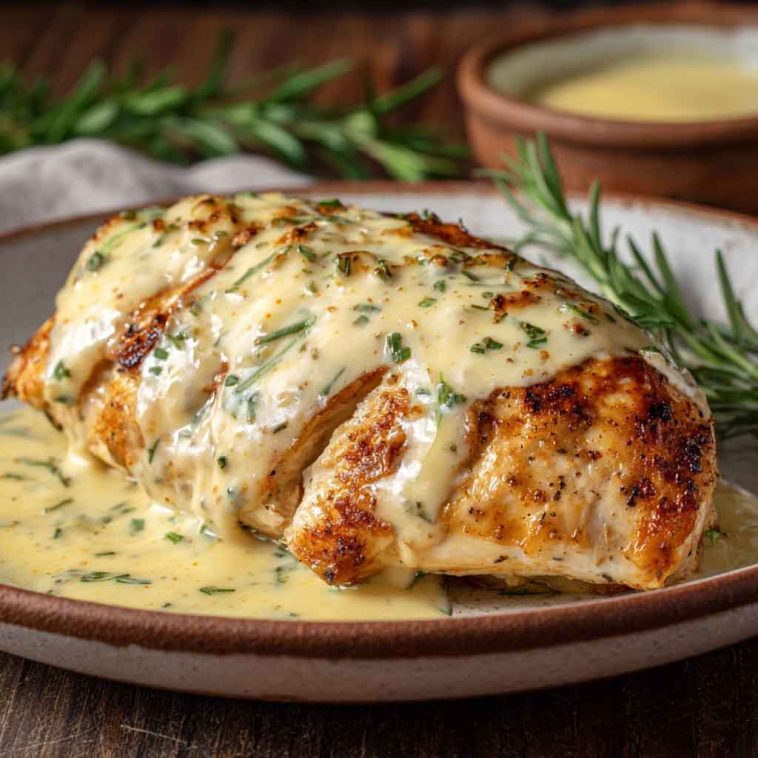Golden pan-seared chicken breasts topped with creamy melted cheese sauce, served on a plate with fresh herbs and roasted vegetables.