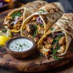Garlic chicken shawarma served in warm pita bread, filled with marinated grilled chicken, garlic sauce, fresh vegetables, and herbs, drizzled with tahini.