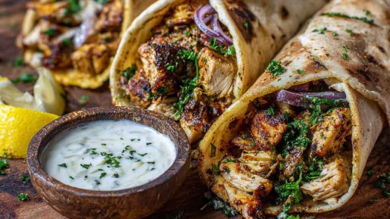 Garlic chicken shawarma served in warm pita bread, filled with marinated grilled chicken, garlic sauce, fresh vegetables, and herbs, drizzled with tahini.