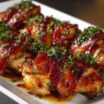 Maple garlic bacon-wrapped chicken baked golden and glazed with sweet sauce.