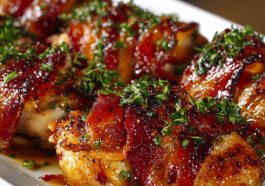 Maple garlic bacon-wrapped chicken baked golden and glazed with sweet sauce.