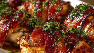 Maple garlic bacon-wrapped chicken baked golden and glazed with sweet sauce.