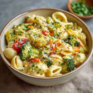 One pot veggie mac and cheese with creamy cheese sauce, tender pasta, and colorful vegetables like broccoli, carrots, and peas, served hot in a skillet.