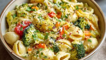 One pot veggie mac and cheese with creamy cheese sauce, tender pasta, and colorful vegetables like broccoli, carrots, and peas, served hot in a skillet.