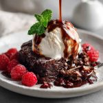 Decadent chocolate cobbler baked in a skillet with a gooey chocolate center, topped with a crisp crust and served warm with a scoop of vanilla ice cream.