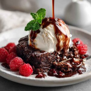 Decadent chocolate cobbler baked in a skillet with a gooey chocolate center, topped with a crisp crust and served warm with a scoop of vanilla ice cream.