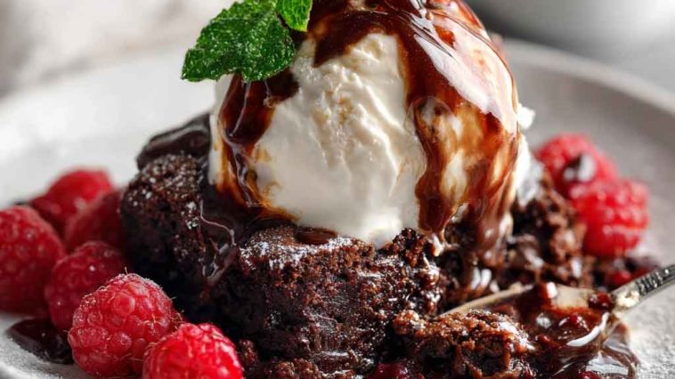 Decadent chocolate cobbler baked in a skillet with a gooey chocolate center, topped with a crisp crust and served warm with a scoop of vanilla ice cream.