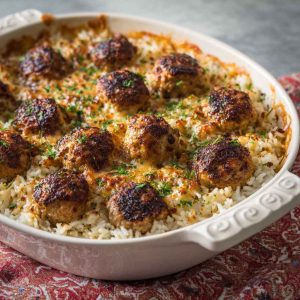 Honey garlic meatball rice bake served in a casserole dish, featuring tender meatballs, fluffy rice, sweet and savory honey garlic sauce, and melted cheese garnished with parsley.