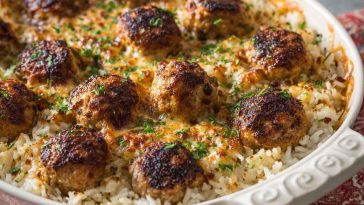 Honey garlic meatball rice bake served in a casserole dish, featuring tender meatballs, fluffy rice, sweet and savory honey garlic sauce, and melted cheese garnished with parsley.