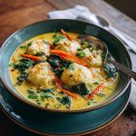 Simple coconut curry soup with dumplings served in a bowl, featuring golden broth, tender dumplings, fresh herbs, and a drizzle of coconut milk.