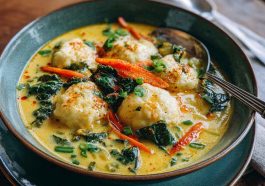 Simple coconut curry soup with dumplings served in a bowl, featuring golden broth, tender dumplings, fresh herbs, and a drizzle of coconut milk.