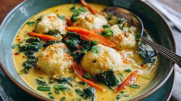 Simple coconut curry soup with dumplings served in a bowl, featuring golden broth, tender dumplings, fresh herbs, and a drizzle of coconut milk.