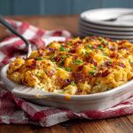 Golden baked Dolly Parton’s 5-ingredient casserole served in a dish with melted cheese on top.