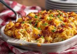 Golden baked Dolly Parton’s 5-ingredient casserole served in a dish with melted cheese on top.