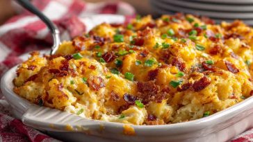 Golden baked Dolly Parton’s 5-ingredient casserole served in a dish with melted cheese on top.