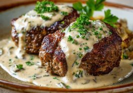 Juicy hamburger steaks smothered in creamy whiskey sauce, served with mashed potatoes and garnished with fresh herbs on a rustic plate.