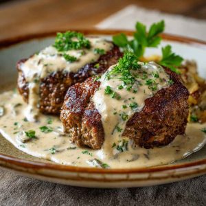 Juicy hamburger steaks smothered in creamy whiskey sauce, served with mashed potatoes and garnished with fresh herbs on a rustic plate.