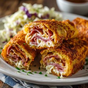 Keto crispy Reuben roll-ups filled with corned beef, sauerkraut, Swiss cheese, and creamy dressing, baked until golden and served on a platter.