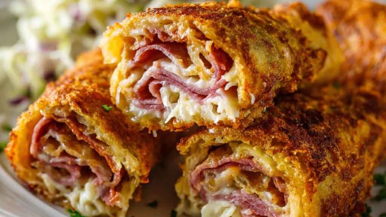 Keto crispy Reuben roll-ups filled with corned beef, sauerkraut, Swiss cheese, and creamy dressing, baked until golden and served on a platter.