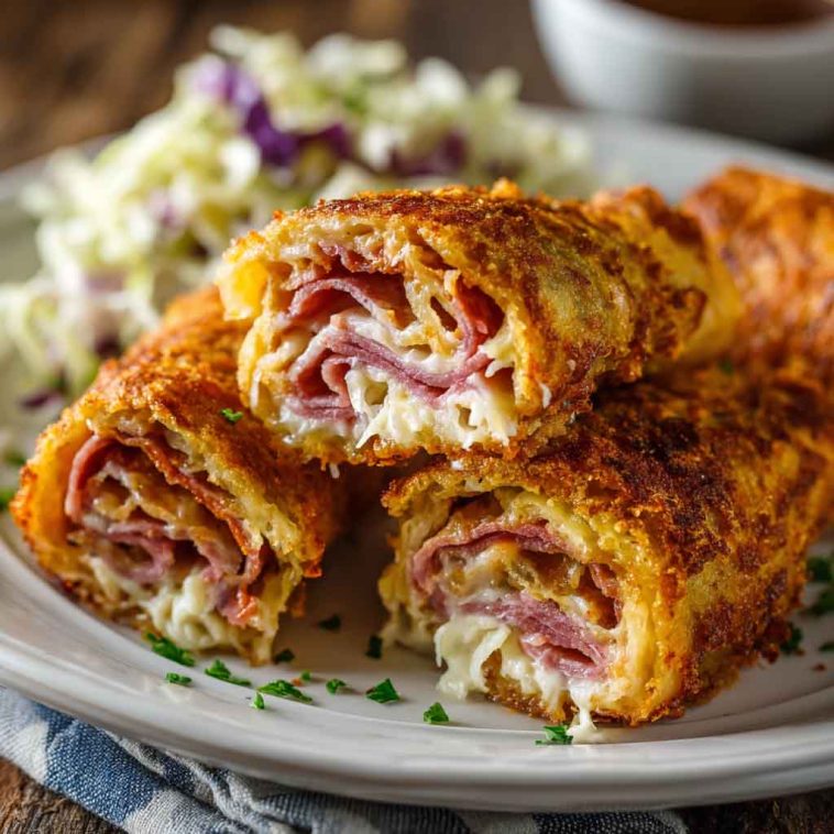 Keto crispy Reuben roll-ups filled with corned beef, sauerkraut, Swiss cheese, and creamy dressing, baked until golden and served on a platter.